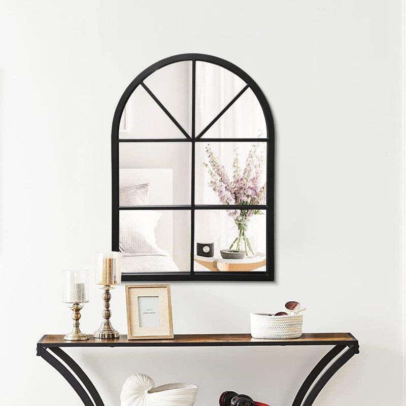 Floor Full Length Mirror, Black Arched-Top, Large Window Pane Mirror, Wall Mounted Mirror, 65"x22" Standing Mirror Hanging