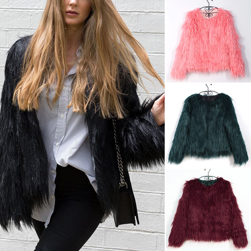 Women Faux Fur Coat Fluffy Warm Long Sleeve Female Outerwear Autumn Winter Coat Jacket Hairy Collarless Overcoat