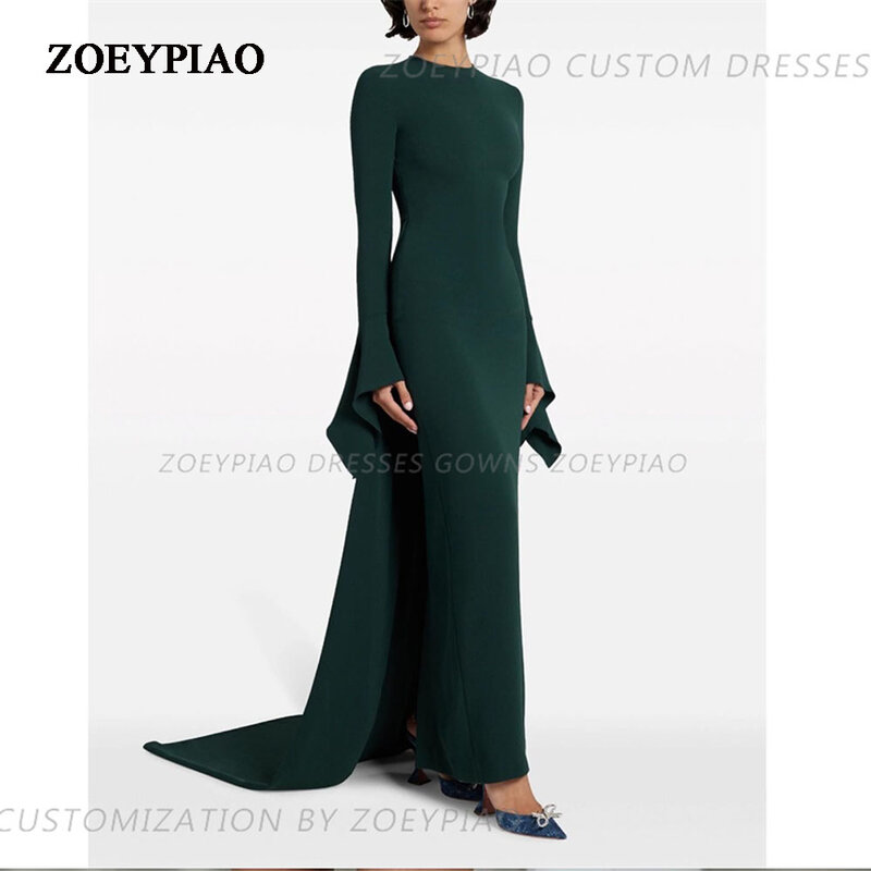 Vestidos de noite de cetim verde escuro, manga cheia, gola alta, comprimento do chão, vestido de baile, vestidos longos, 2021