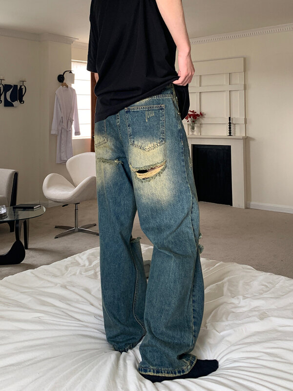 Pantalones vaqueros rectos para hombre, Jeans holgados de cintura alta que combinan con todo, lavados, Vintage, Deshilachados, estilo japonés, Harajuku
