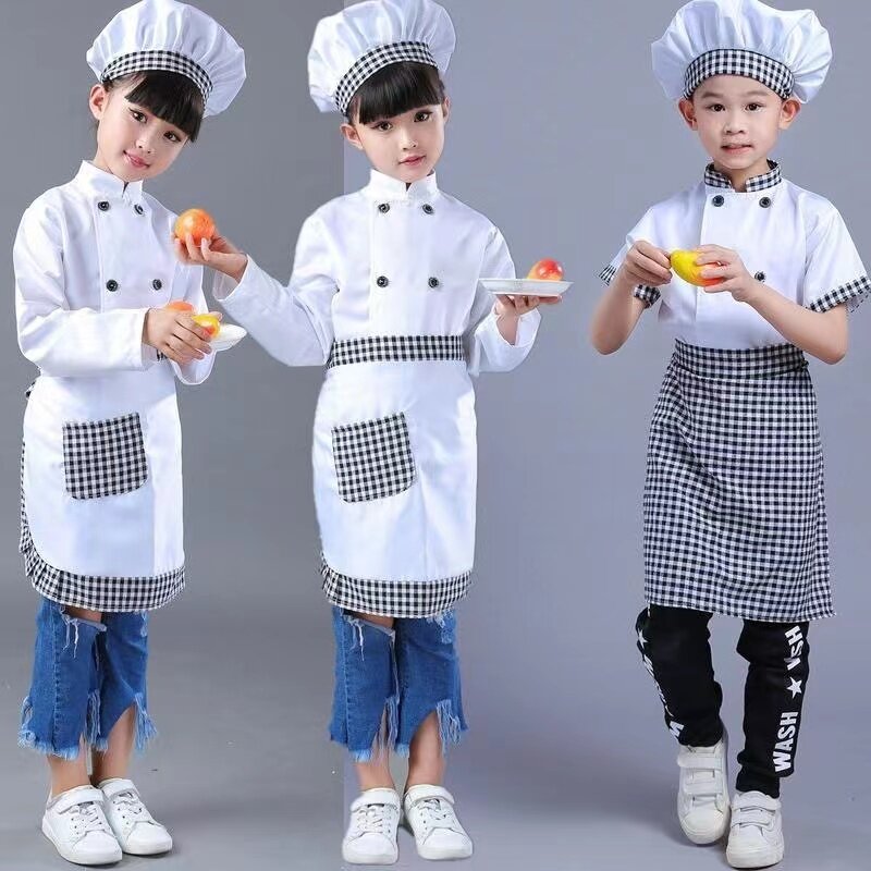 Kids Cook Tshirt Chef Uniform Children Kitchen Hat Cap Work Jackets Restaurant Halloween Performance Stage Party Cosplay Costume