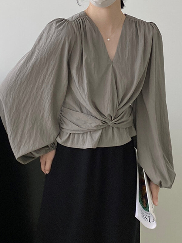 LANMREM-camisa francesa con cuello en V para mujer, manga farol, Color sólido, cintura fruncida, Tops versátiles, ropa 2024, 2Z1330