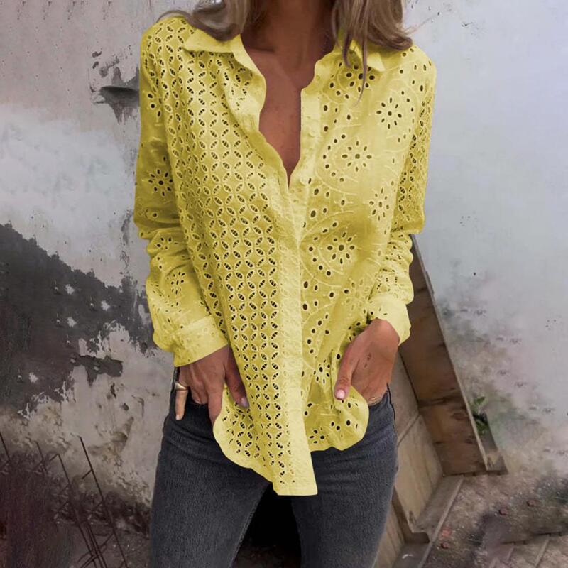 Sexy Hollow Out Embroidery Crochet Blouses Women Spring Solid Long Sleeve Jacquard Top Summer Loose Single Breasted Lapel Shirt