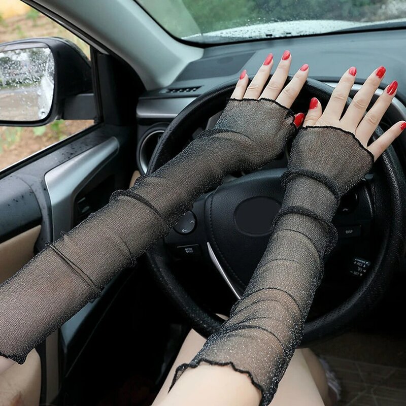 Summer Ultra Thin Ice Silk Sun Protection Sleeve Lace Mesh Long Fingerless Arm Sleeves Women Driving Cycling Riding Arm Sleeves