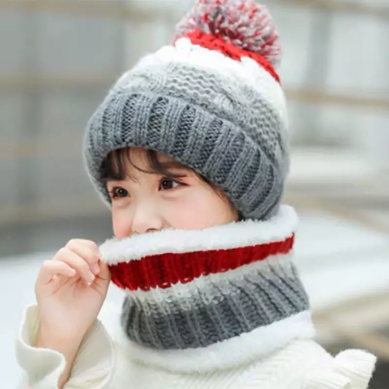 Beanie Bola Wol Rajut Musim Dingin untuk Anak-anak Lucu Manis Plus Beludru Tebal Topi Syal Set Versi Korea Hangat Topi Anak Laki-laki Perempuan