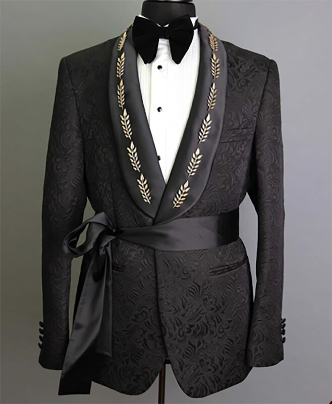 럭셔리 남성 웨딩 재킷 플로럴 자카드 블레이저, 숄, 라펠, 금속 장식 턱시도 세트, 신랑 실크 벨트 전용 코트