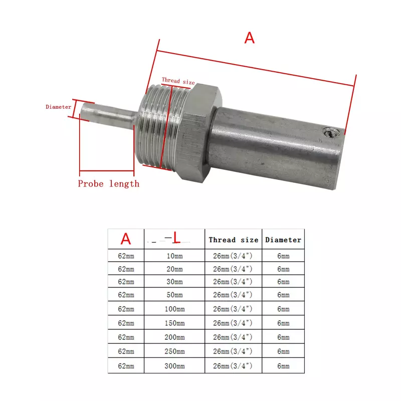 Thermowell – tuyau en acier inoxydable, longueur L10-L200mm filetage 1/2 "/dn15 3/4"/dn20, 304 OD, 6mm id, 5mm