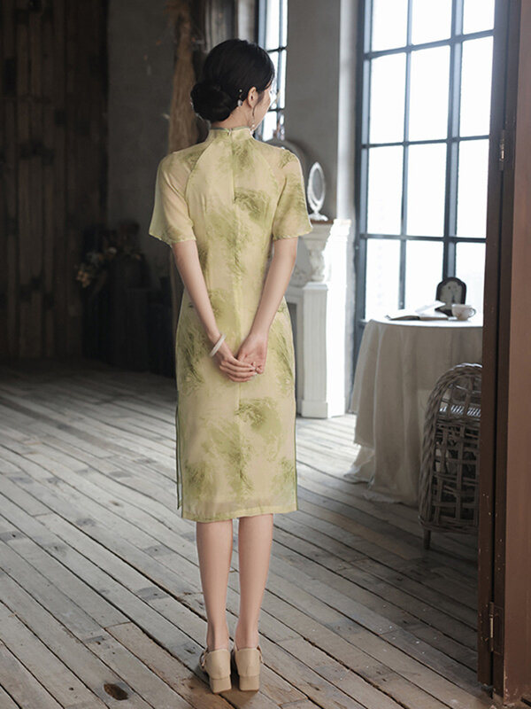 Cheongsam largo de verano para mujer, Qipao verde, fresco, diario, elegante, ajustado, fiesta