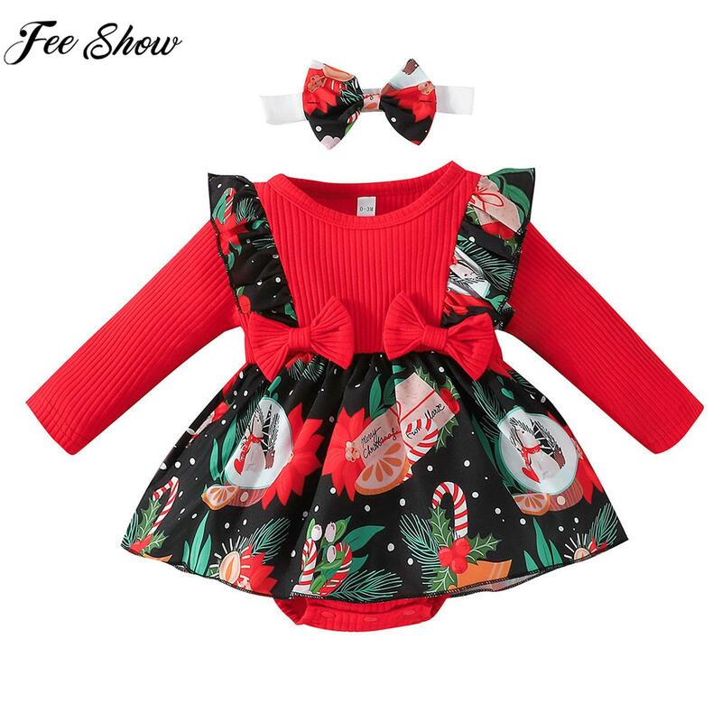 Infant Girls Christmas Romper Dress Long Sleeve Print Bowknot Tutu with Headband for New Year Baptism Birthday Party Photography