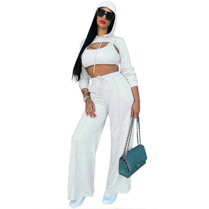 Women Two Piece Sets 2022 New Arrivals Cool Girls Long Sleeve Pullover Crop Tops Wide Leg Pants Trousers Holiday Outfits
