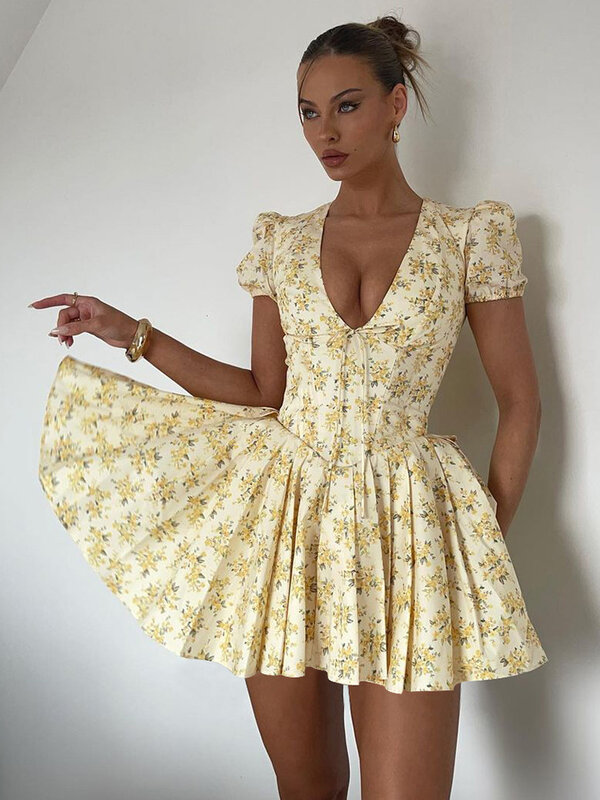Kwiatowy nadruk Plisowana mini sukienka dla kobiet Elegancki seksowny dekolt w szpic Wysoka talia Slim A-line Krótkie sukienki Moda Letnie sukienki 2024