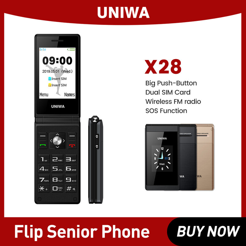 UNIWA-Flip Celular com Grande Botão de Pressão, Clamshell Celular, Dual Sim, Rádio FM, Russo, Teclado Hebraico, GSM, X28