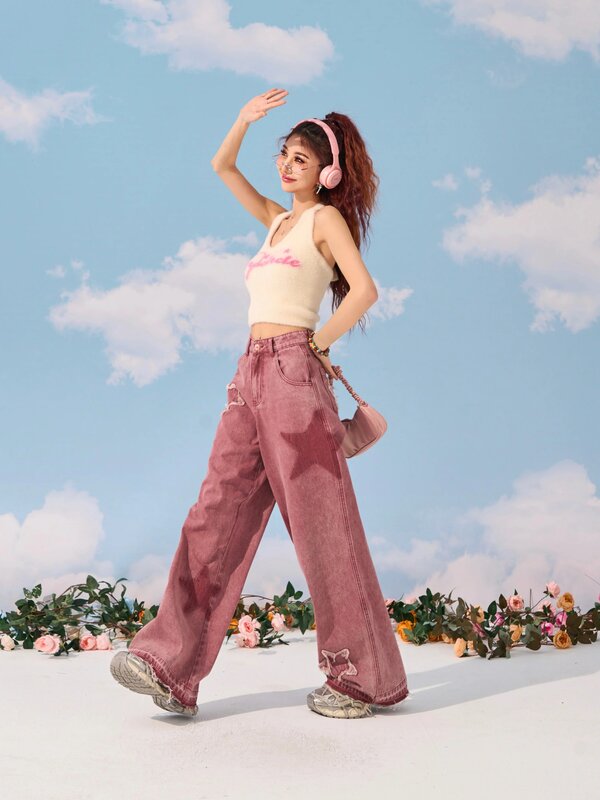 Pink Star Straight Leg Jeans Damen Sommer Design fühlen sich y2k lose und schlanke Freizeit hose mit weitem Bein