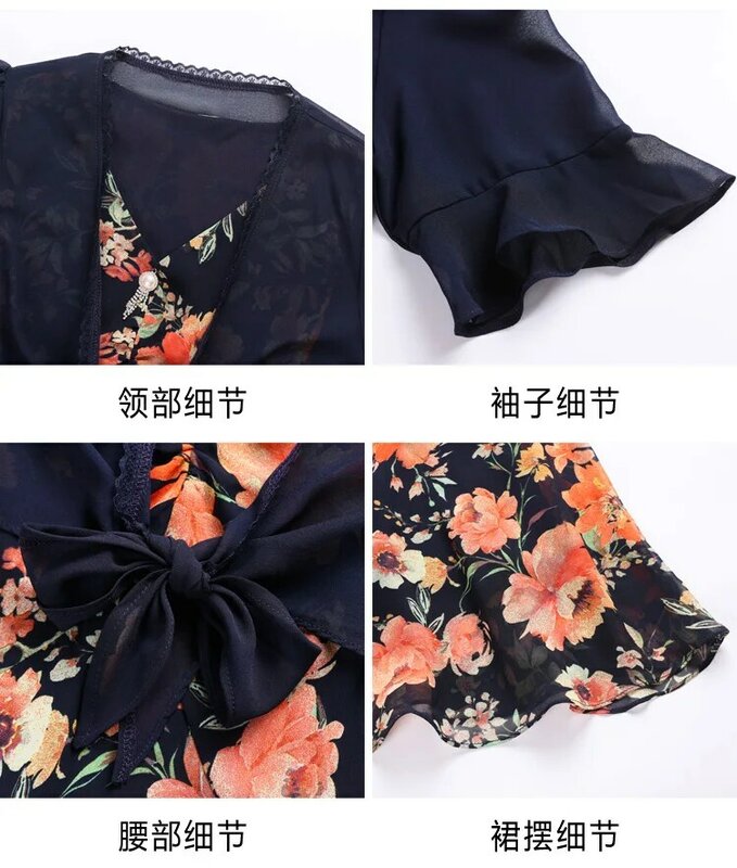 Vestido de moda feminina 2022 verão novo estilo coreano bandagem retro impresso chiffon vestido blusa de duas peças terno