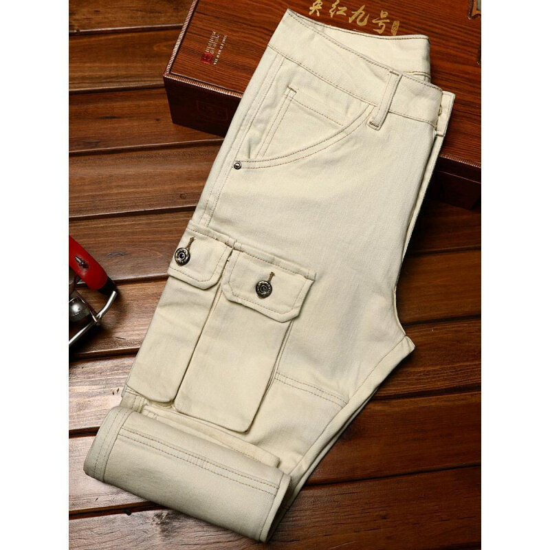 Pantalones vaqueros de alta gama con múltiples bolsillos para hombre, pantalones elásticos de pierna recta, ajustados, informales, a la moda