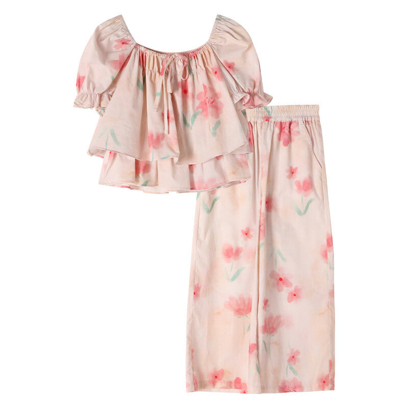 Conjunto de ropa de 2 piezas para niña, ropa de verano coreana con estampado de tulipanes, Tops de manga de burbuja y pantalones, 2024