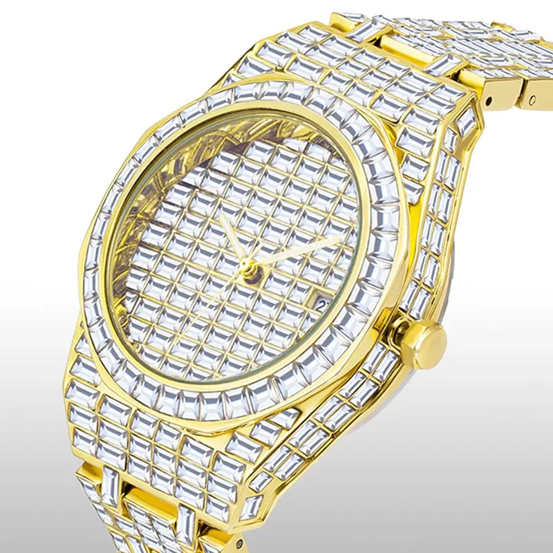 최고 브랜드 럭셔리 힙합 풀 바게트 다이아몬드 시계 18K 골드 남성용, 아이스 아웃 방수 남자 시계
