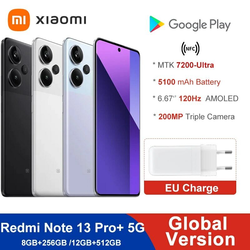 Xiaomi-Redmi Note 13 Pro Plus, 5G, 200MP, Câmera OIS, 120Hz, Tela Curva de 1,5 K, MediaTek, Dimensão 7200-Ultra, IP68, Versão Global