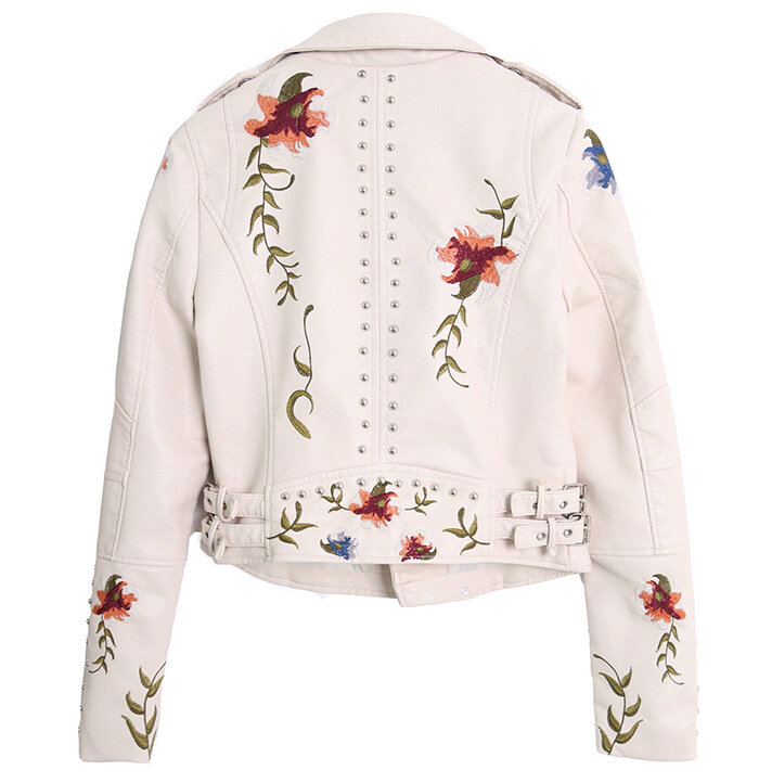 Jaqueta de zíper de couro PU feminina, jaqueta curta de motocicleta, rebite bordado, roupa elegante, outono e inverno