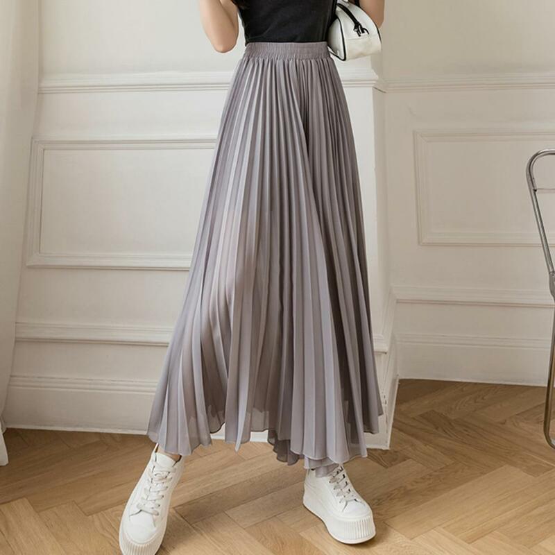 กางเกงเอวสูงผ้าชีฟองขากว้างสำหรับผู้หญิงกางเกงอัดพลีทเอวสูงกางเกงขาม้าทรงหลวมสีพื้น
