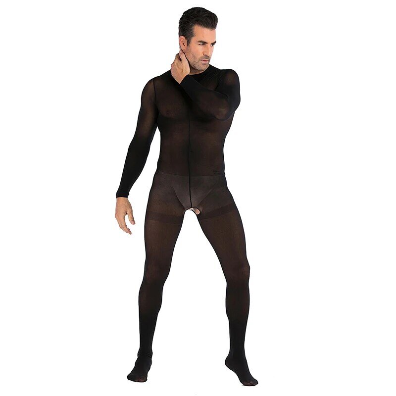 Pakaian dalam pria, Jumpsuit seksi tembus pandang elastis tinggi selangkangan terbuka leher bulat warna Solid lengan panjang klub malam piyama Bodysuit