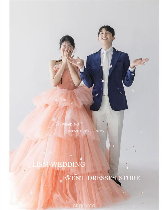 LISM Blush Pink Korea Evening Dresses 2024 Photo Shoot Fairy Tulle Draped Wedding Formal Occasion Gowns Sleeveless Bride Dress