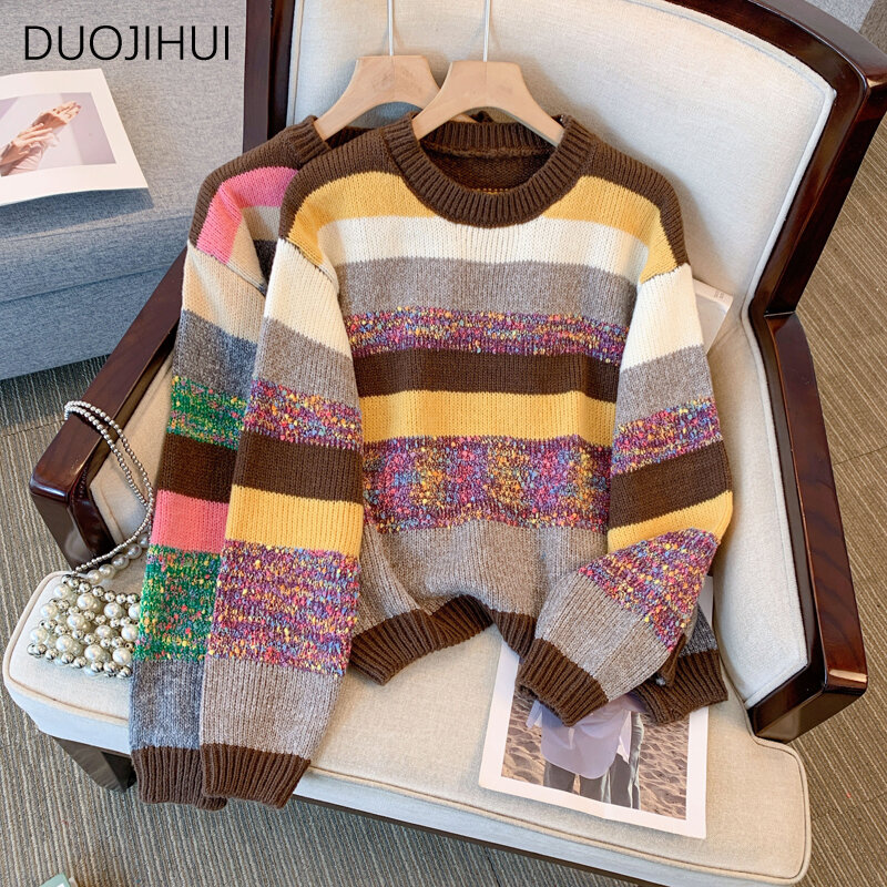 DUOJIHUI Sweater rajut wanita, pullover wanita motif garis warna kontras model baru musim gugur klasik leher O simpel kasual