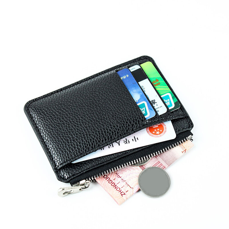 Porta-cartão de crédito com zíper ultrafino masculino, carteira, porta-moedas, fino, simplicidade, 100% couro, 9 slots