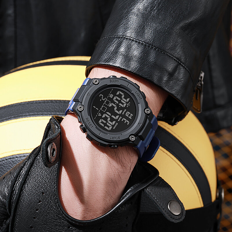 นาฬิกากีฬามัลติฟังก์ชั่นของผู้ชายนาฬิกาดิจิตอลสำหรับเป็นของขวัญของนักเรียนนาฬิกาปลุกหน้าปัดดิจิตอล LED Jam Tangan elektronik ส่องสว่าง