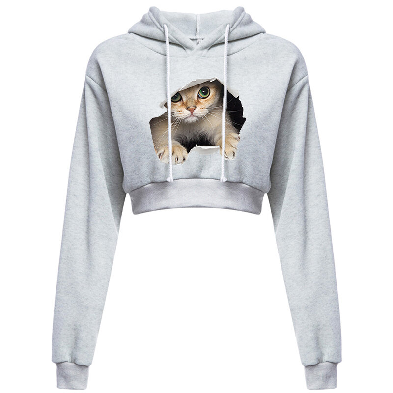 New Fashion Cute Cat Printed Hooded Sweatshirt Unisex Hooded Street Wear Hooded Open Navel Casual