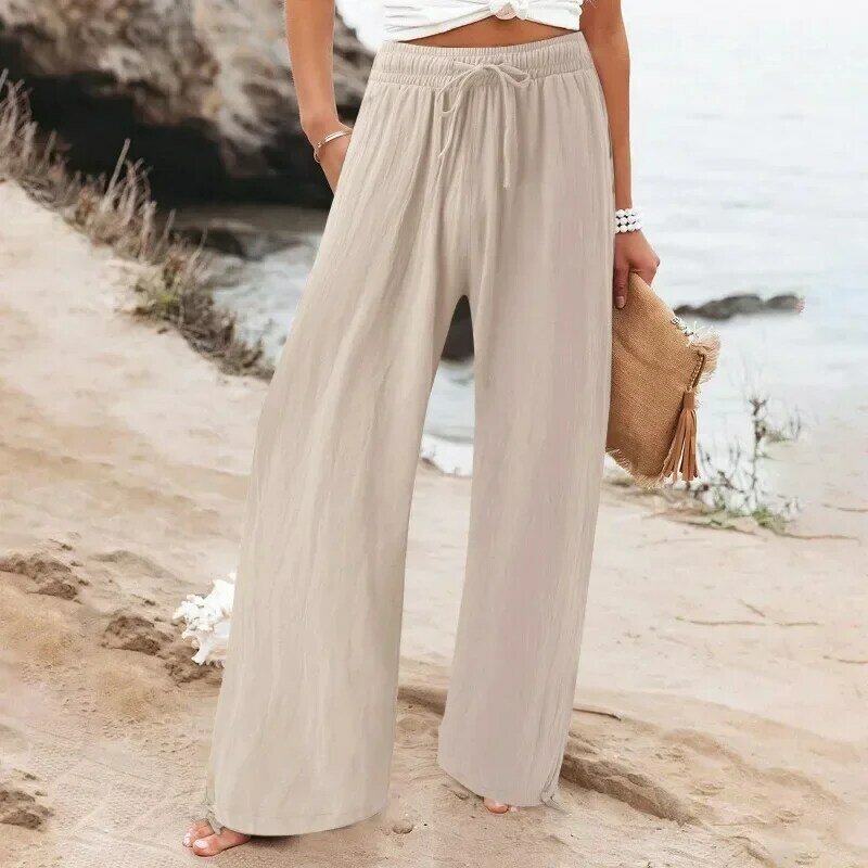 FjElastic-Pantalon plissé taille haute pour femme, pantalon large, monochromatique, décontracté, automne, 2023