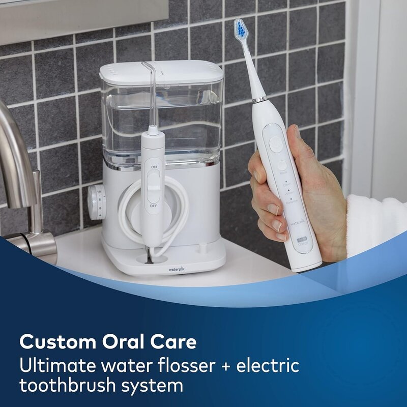 Waterpik perawatan lengkap 9.0 sikat gigi elektrik sonik dengan benang air, CC-01 putih, 11 buah Set