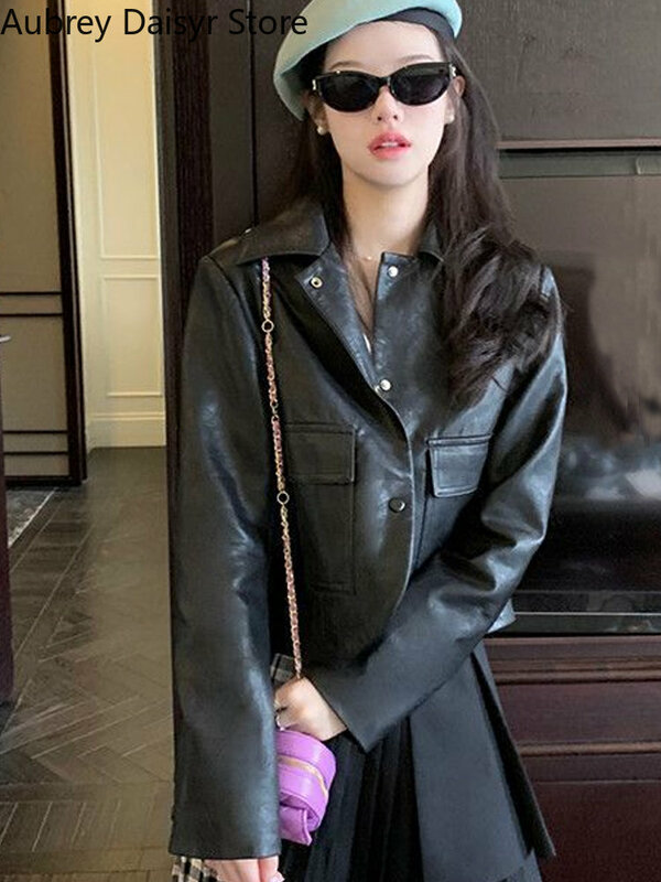 Koreanische Mode schwarze Lederjacke Frauen Streetwear Vintage Knopf Anzug Blazer lässig einreihig High Street dünnen Mantel