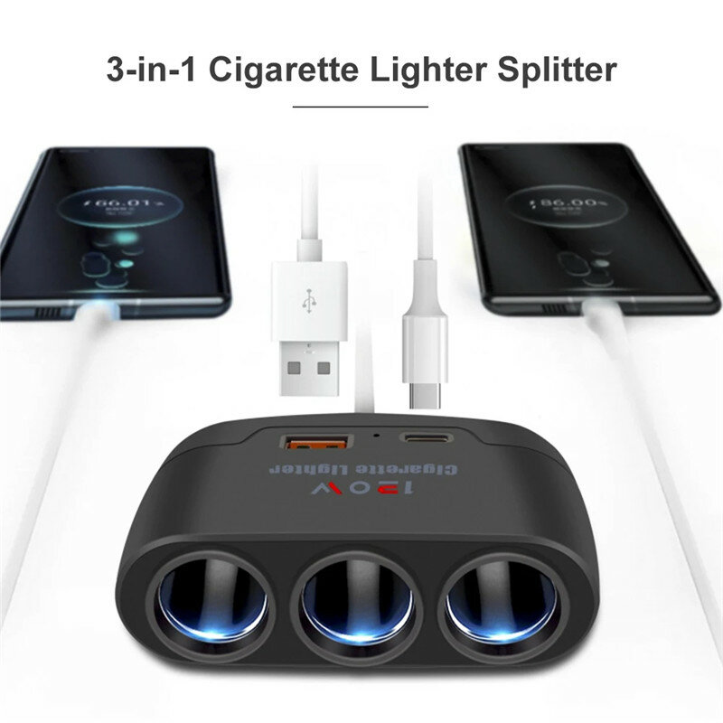 3 in 1 Dual USB Socket 120W Car Cigarette Lighter Splitter 12V 24V Fast Charger Plug Phone Power Adapter for Car DVR GPS Dashcam