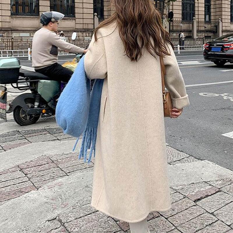 Mantel wanita, kancing dua baris dengan desain elegan sederhana bergaya wanita musim dingin dengan mantel hangat kerah setengah panjang ganda