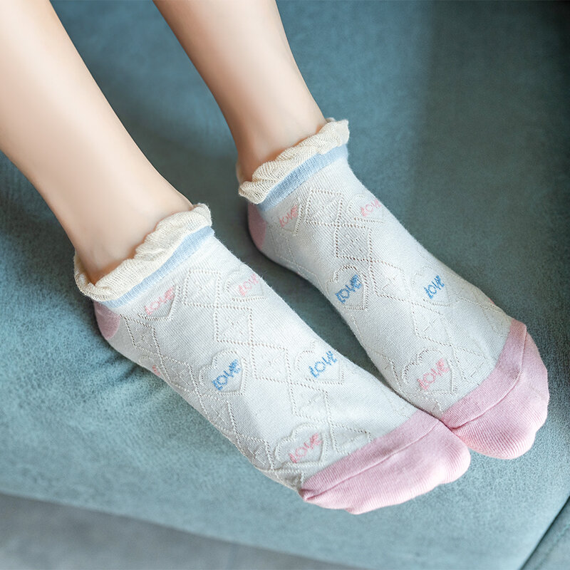 1 Pair Women Casual Short Socks Breathable Diamond Flower Heart Checked Candy Color Harajuku Streetwear Happy Female Ankle Socks
