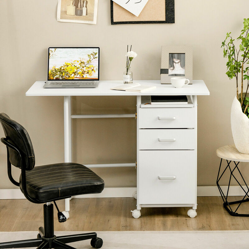Folding computer, laptop, desk, wheeled home office furniture with 3 drawers, white color-