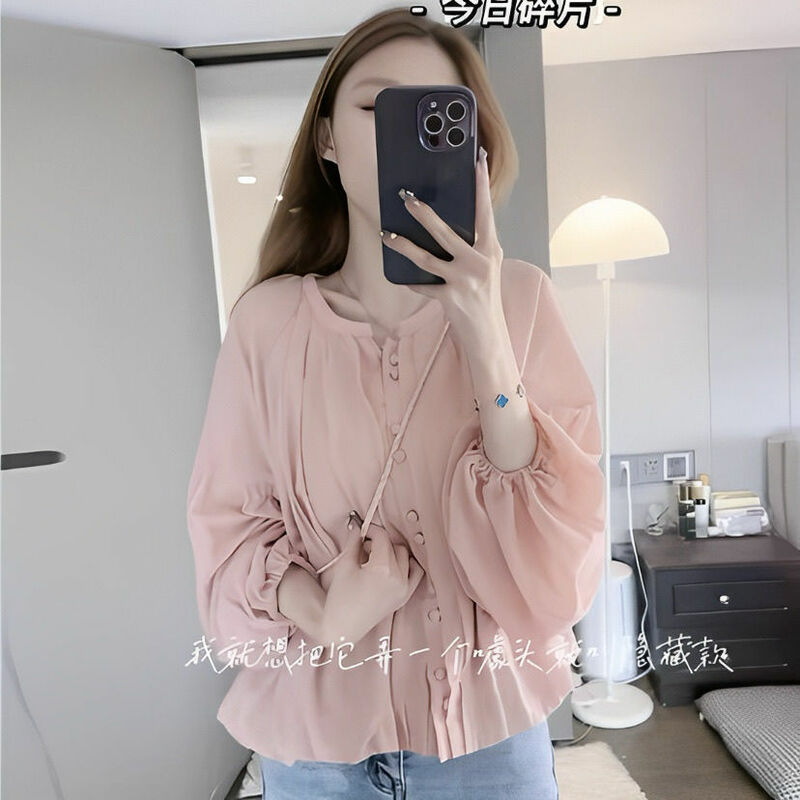 2024 Spring New Fashion Design Pink Shirt Women's Chiffon Single Breasted Long Sleeved Top