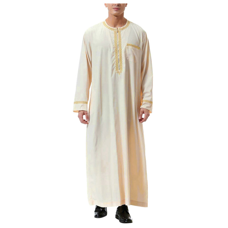 Moslim Jurk Moslim Gewaad Arabische Middelste Gewaad Lange Mouw Geborduurde Zak Lange Shirt Jas Shirt Medium Shirts Voor Mannen