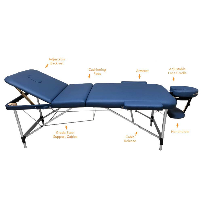 ANGEL USA 3-Section Aluminum 84" L Portable Massage Table Facial SPA Bed Tattoo w/Free Carry Case (Navy Blue)
