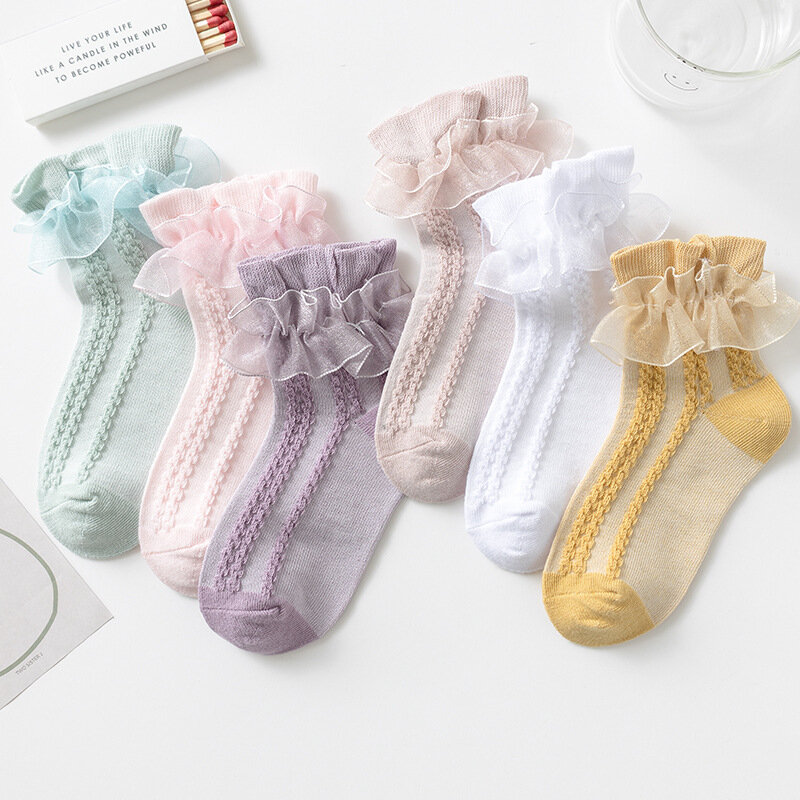 New Summer Girls Socks Lace Ruffle Socks Princess Mesh Children Ankle Short Breathable Cotton White Pink Boys Toddler Sock 1-12y