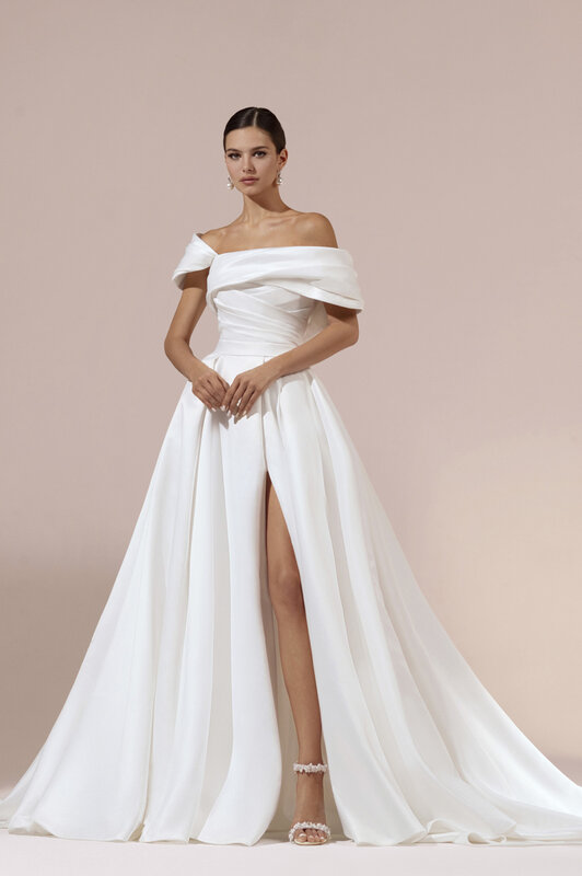 เสื้อคลุมสำหรับผู้หญิงผ้าซาตินสีขาว2024หางยาวทรงเอแต่งได้หรูหราสง่างาม gaun pengantin SATIN