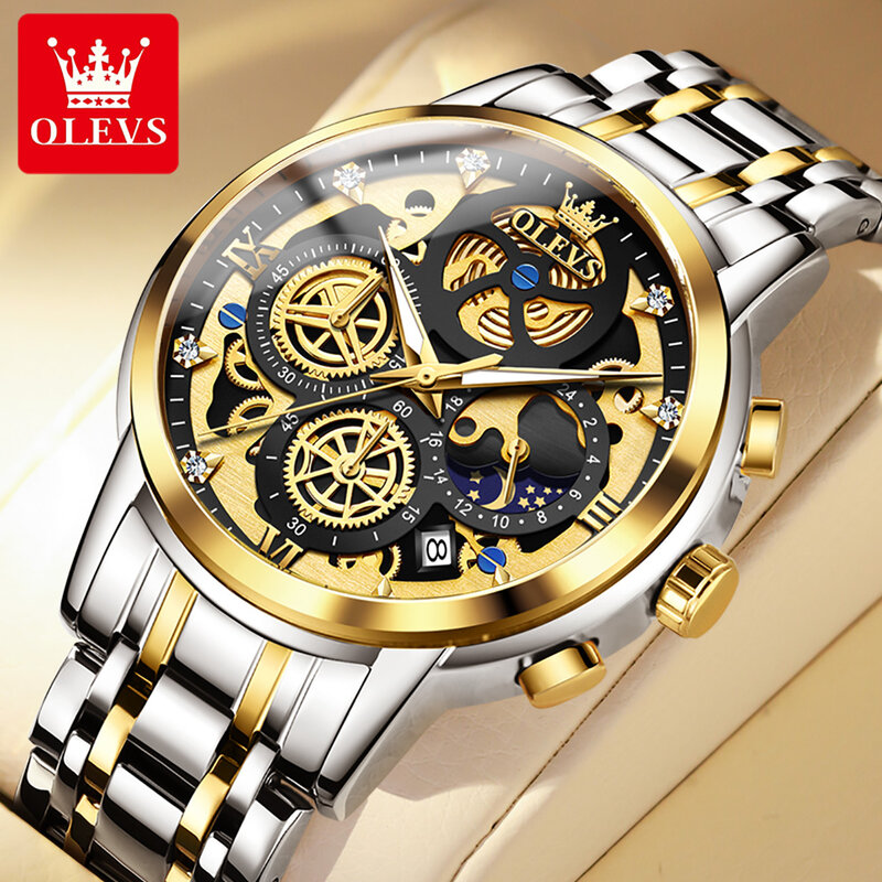 OLEVS męskie zegarki Top marka luksusowe oryginalny wodoodporny zegarek kwarcowy dla człowieka złoty szkieletowy styl 24 godziny dzień noc nowy