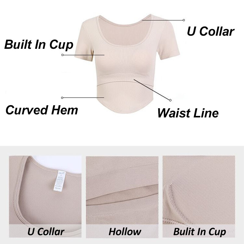 Aiithuug U-neck Hollow Back Curve Hem Thread Yoga Tops With Built In Cup Tight Fitting Short Sleeves Quick Drying Gym Sport Suit
