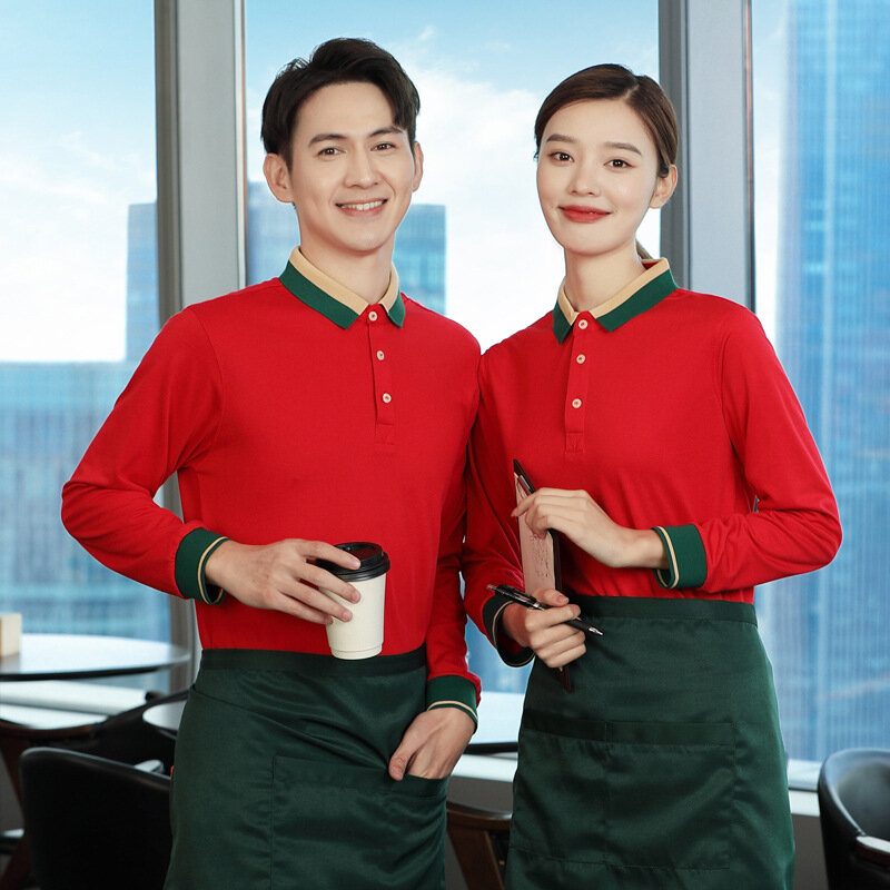 Hotel Waiter Workwear Women's Long-Sleeved Western Catering Milk Tea Hot Pot Restaurant Cafe Waiter T-shirt Spring and Autumn Cl