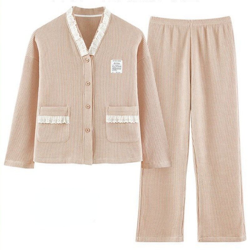 2023 New 100% Pure Cotton Pajamas Women Spring Autumn V-neck Loungewear Long Sleeved Pants Lace Loose Tassels Homewear Set