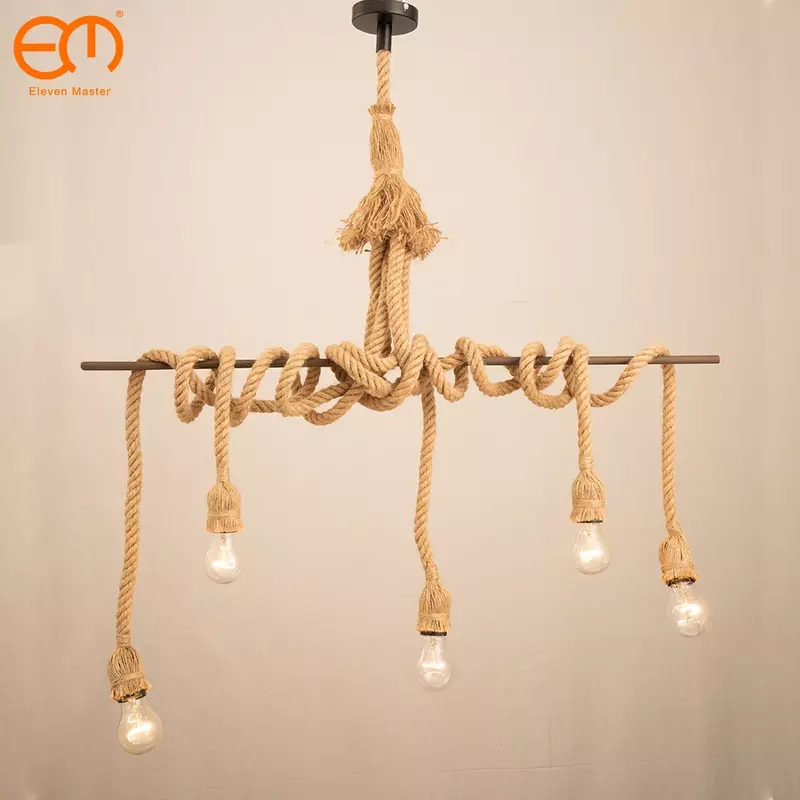 Lámpara colgante vintage de cuerda de cáñamo para decoración del hogar, Bombilla edison de 1/2/3/4/5 cabezales, estilo retro industrial para loft