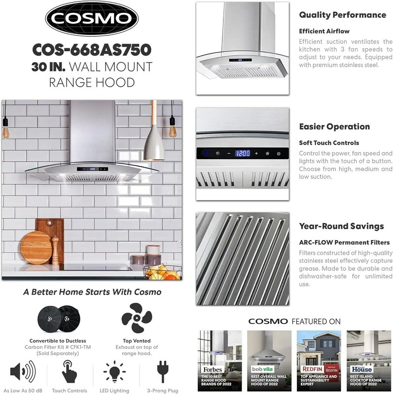 in. Wall Mount Range Hood with 380 CFM, Curved Glass, Ducted Convertible Ductless (additional filters needed, not included),