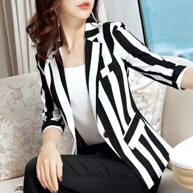 Striped Blazers Plus Size Spring Summer Women's Clothing 2022 Thin Leisure Simple V-neck Cardigan Pockets Button Skinny Formal