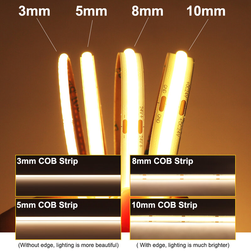 12V/24V COB Strip LED Merah/Kuning/Hijau/Merah Muda/Biru/Biru Dingin/Hangat/Alami/Putih Dingin Kepadatan Tinggi Fleksibel Dimmable RA90 Strip LED